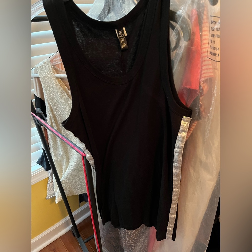 Black Cotton Tank Top w/Siver Sequins down each side from the Tee Shop. Size L